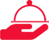 A red hand holding a plate with a dome on top.